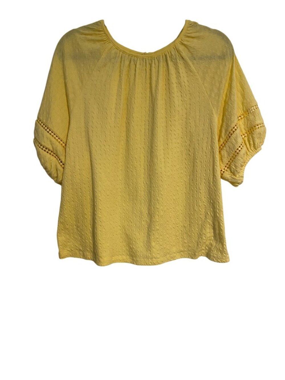 Time and Tru Women's M Yellow Top Textured Puff Sleeve Crochet Details Boho
